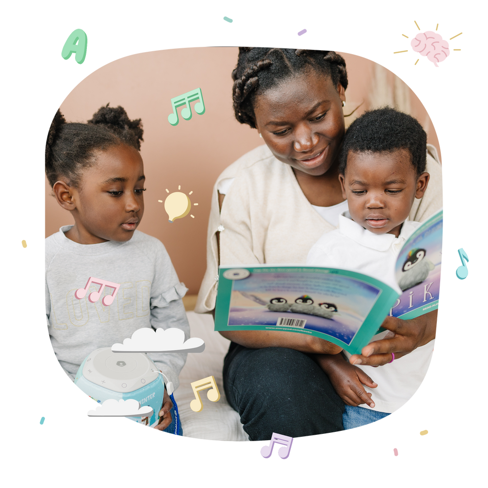 A mom enjoys reading to her son and daughter