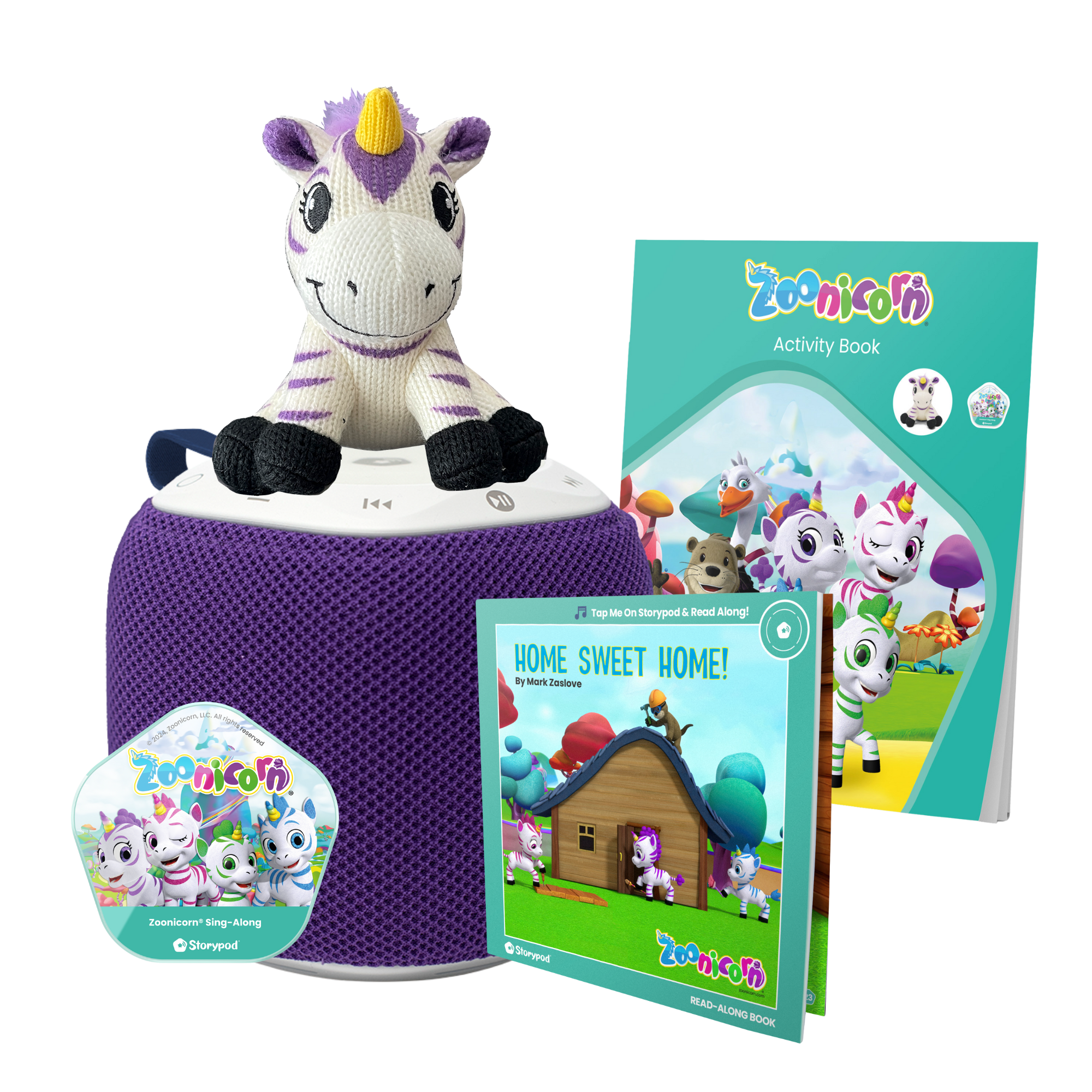 Storypod's Colors and Jungle Animals learning set with book, animal cards, and plush toy.