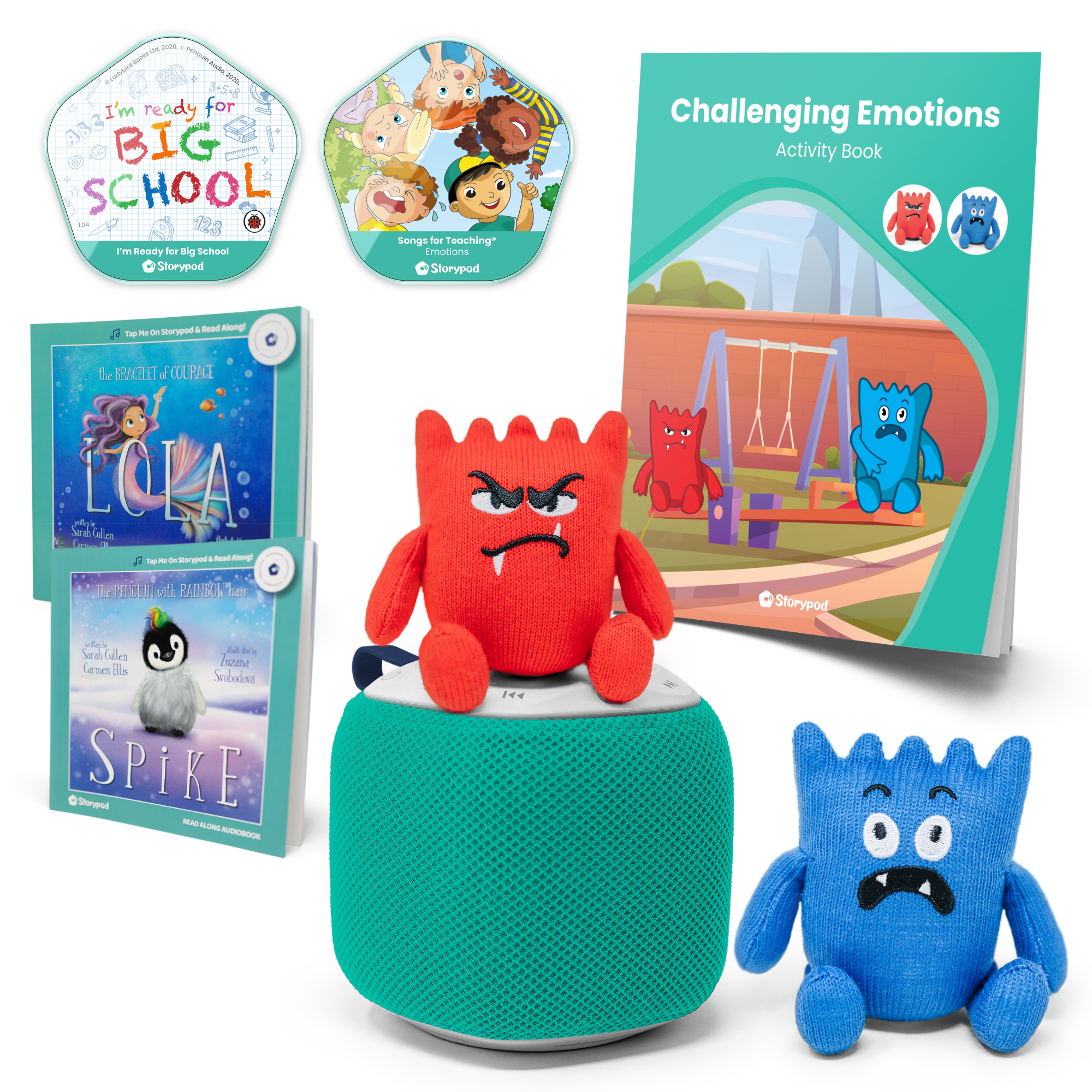 Storypod's Colors and Jungle Animals learning set with book, animal cards, and plush toy.