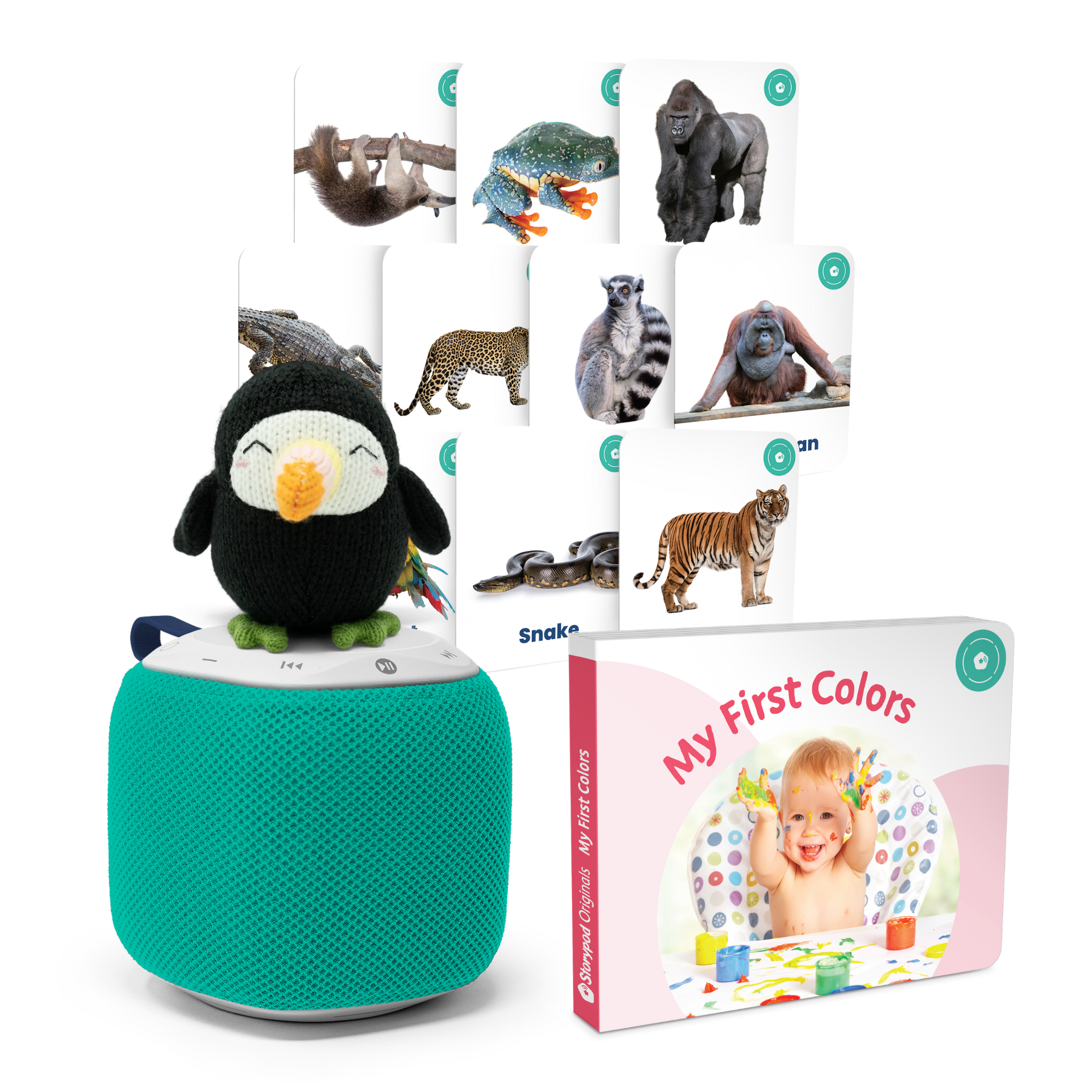 Storypod's Colors and Jungle Animals learning set with book, animal cards, and plush toy.