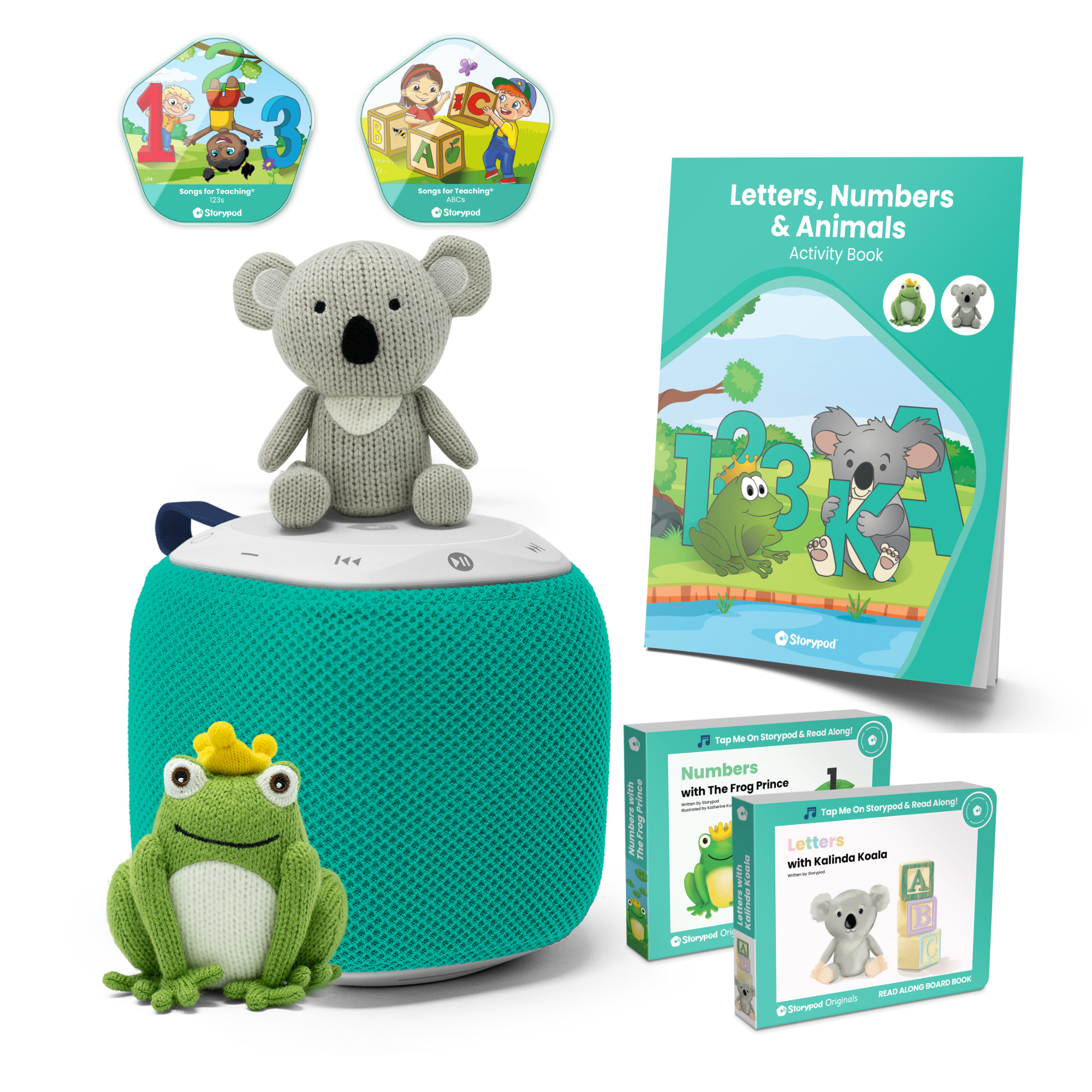 Storypod's Colors and Jungle Animals learning set with book, animal cards, and plush toy.