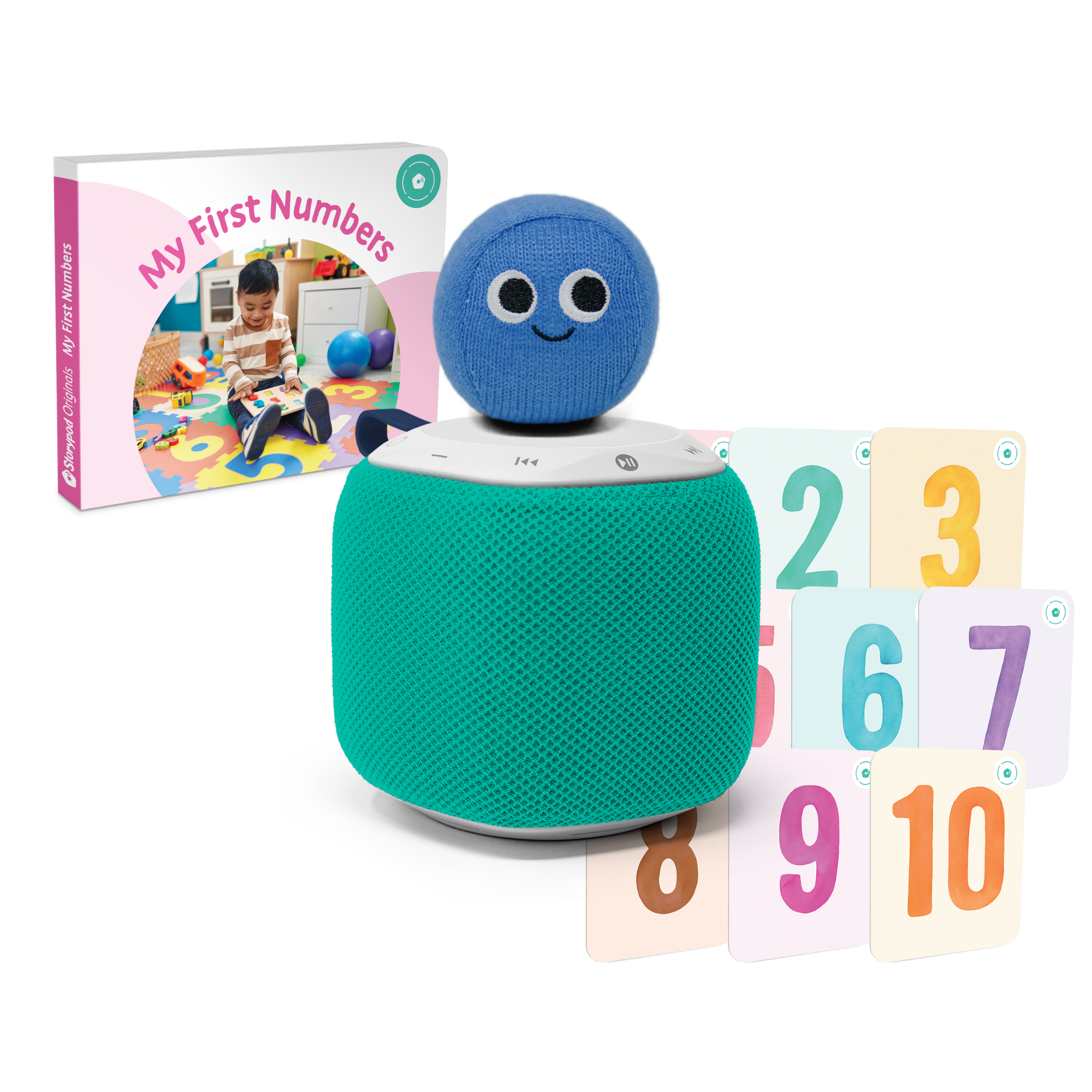 Storypod's Colors and Jungle Animals learning set with book, animal cards, and plush toy.