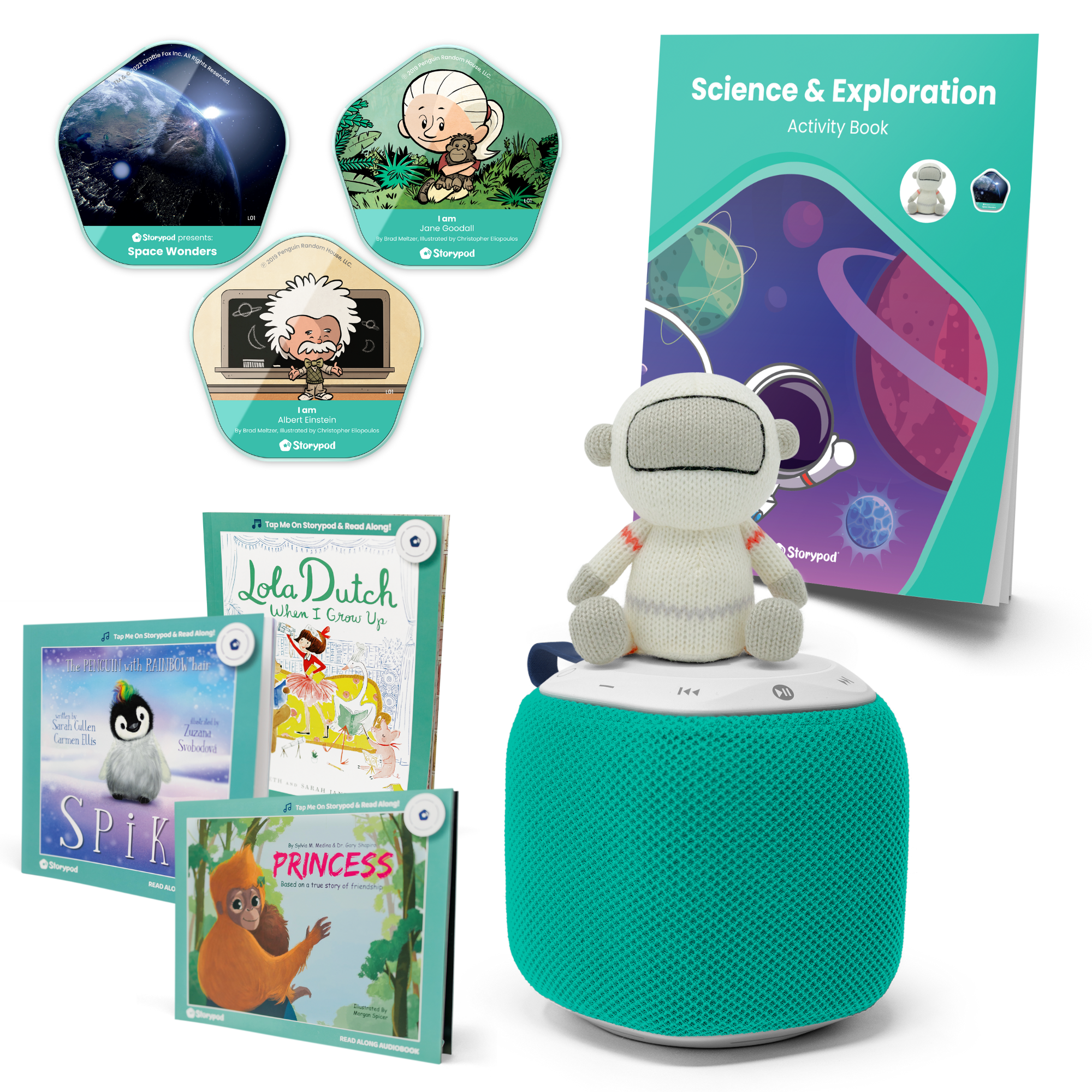 Storypod's Colors and Jungle Animals learning set with book, animal cards, and plush toy.