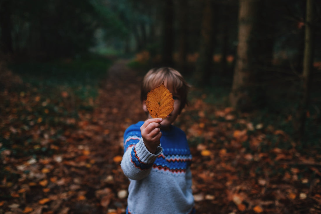 5-year-old boy walks in nature alone, holding up an autumn leaf. By this age, children should be able to perform several self-care skills independently.