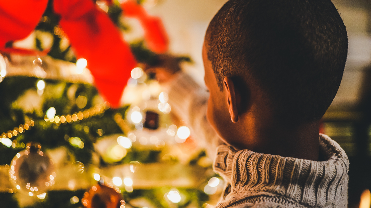 Young boy helps family by decorating Christmas tree.