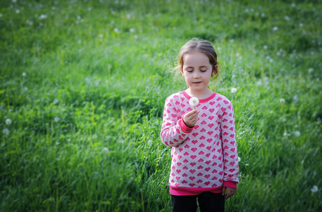 6-year-old girl stands in a field, ready to blow on a dandelion. Encouraging your child's social emotional development by supporting their mental health is crucial to their future well-being.
