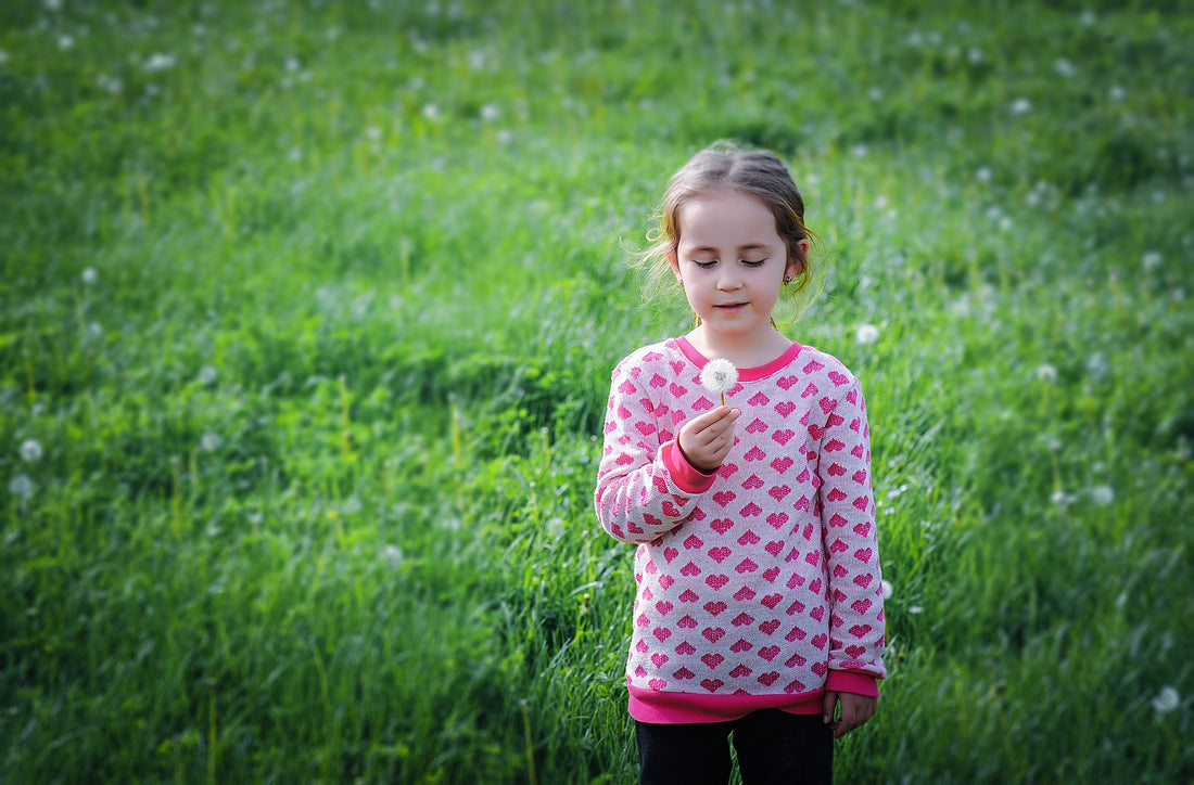 6-year-old girl stands in a field, ready to blow on a dandelion. Encouraging your child's social emotional development by supporting their mental health is crucial to their future well-being.