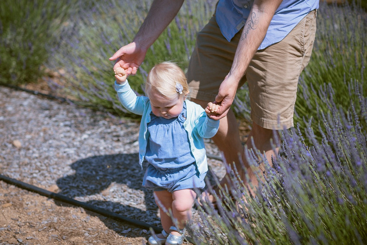 Father supporting his 1-year-old daughter as she takes her first steps. It is important to support your little one as they approach this important milestone.