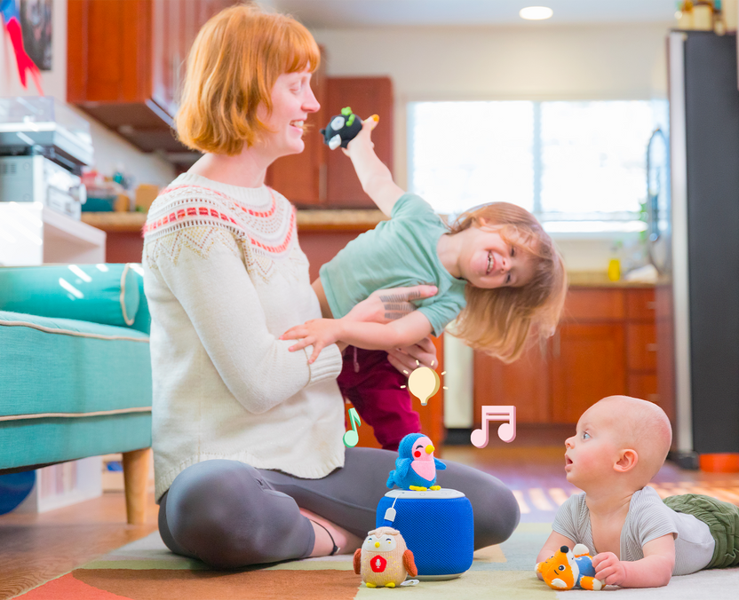 A family listens to a Craftie on the Storypod.