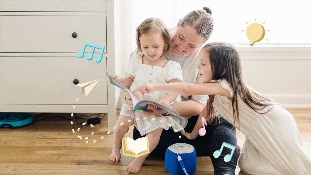 Family following a Read-Along Audiobook on the Storypod