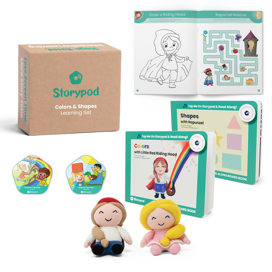 Storypod Colors & Shapes Learning Set with books, figurines, and activity booklet.