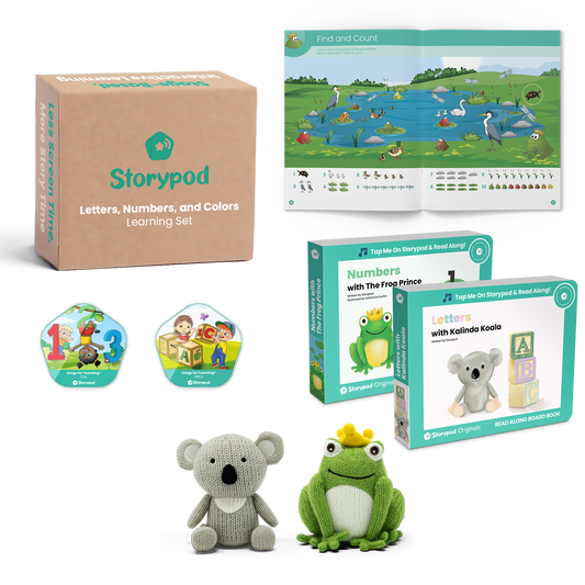 Storypod learning set with books, plush toys, and educational accessories for kids.