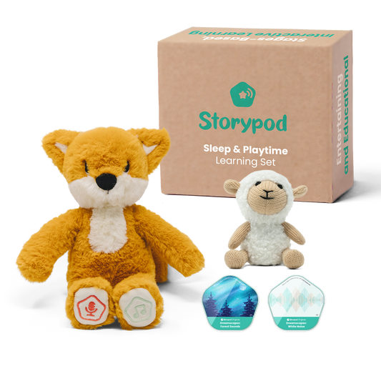 Storypod Sleep & Playtime Learning Set with plush fox, sheep toy, and two story tokens.