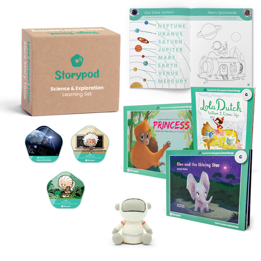 'Storypod science and exploration set featuring books, tokens, and a plush toy.'