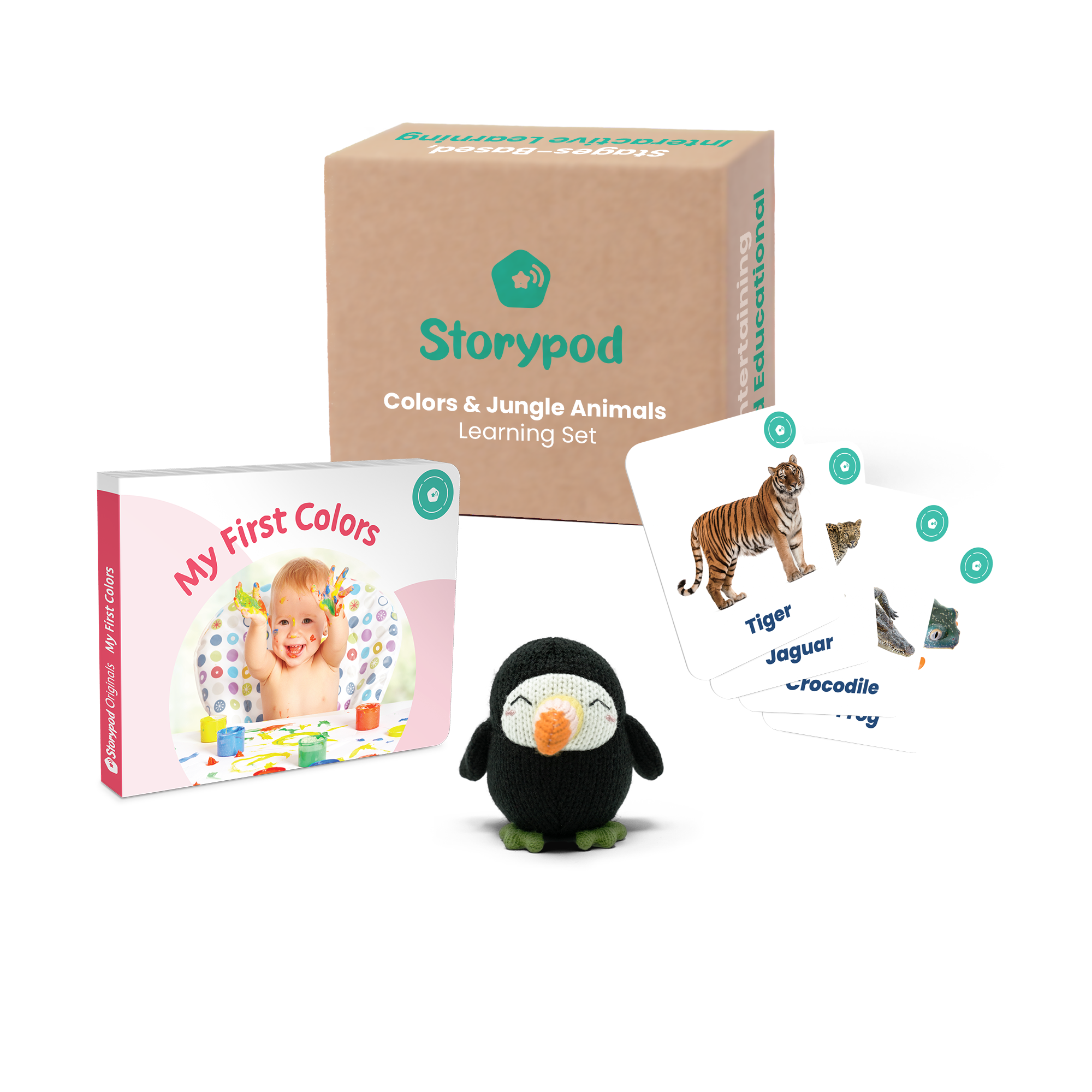 Storypod's Colors and Jungle Animals learning set with book, animal cards, and plush toy.