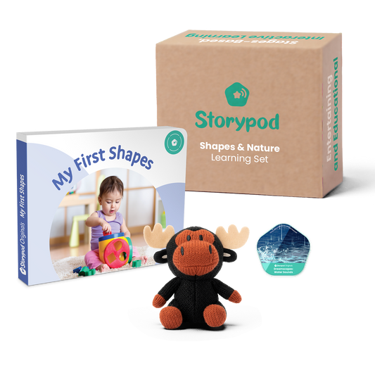 Storypod Shapes & Nature Learning Set with plush toy and book.