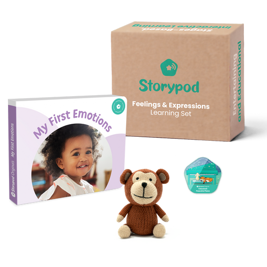 Storypod learning set with book, plush monkey, and a badge.